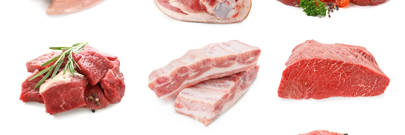 An assortment of raw meat cuts arranged on a white background.