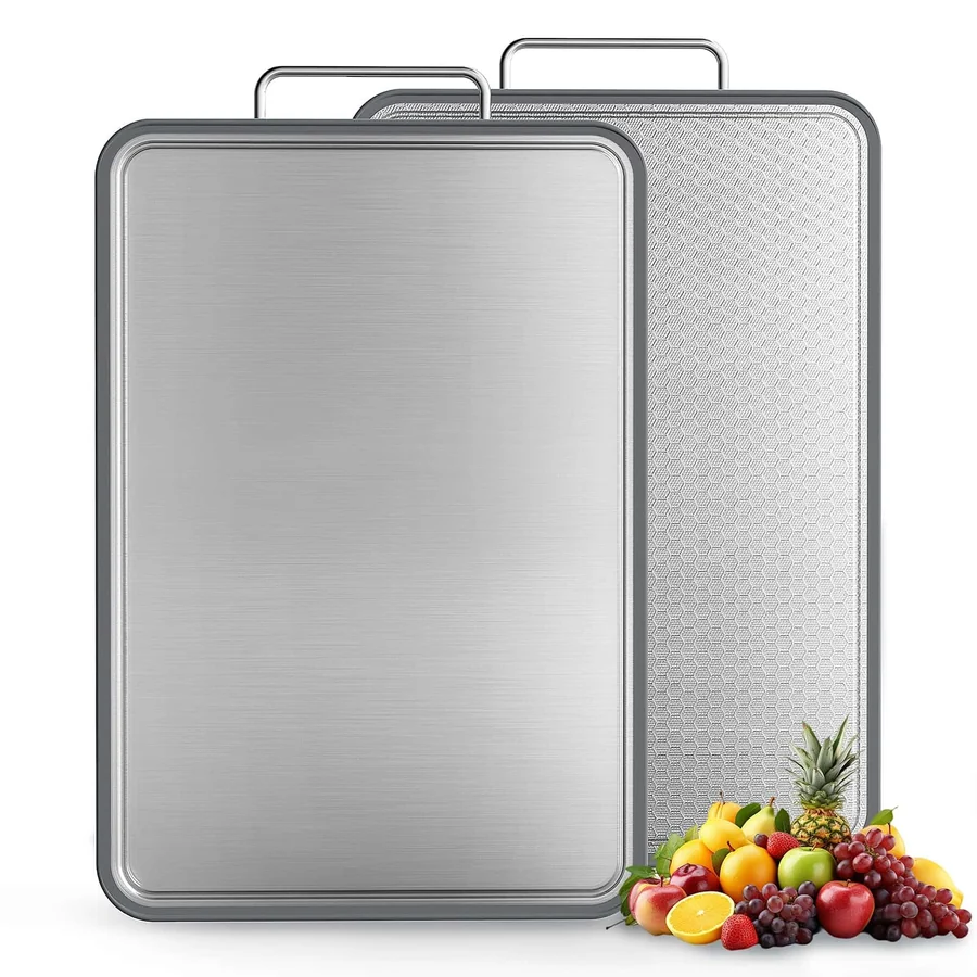 The INZOO double-sided stainless steel cutting boards in three sizes.