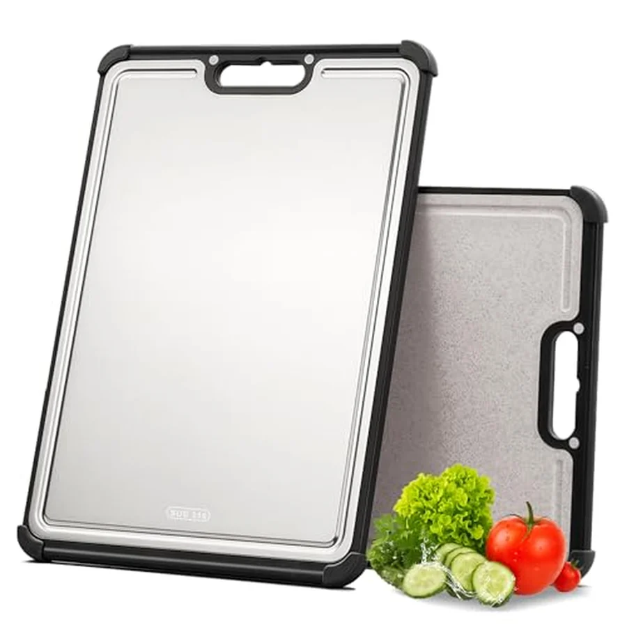 The LBD 316 stainless steel cutting board shown with its wheat-straw reverse board.