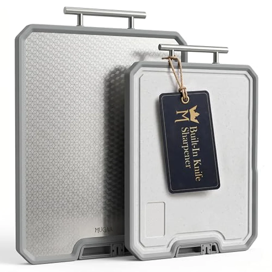 The MUGAA stainless steel cutting board with its built-in knife sharpener tag.