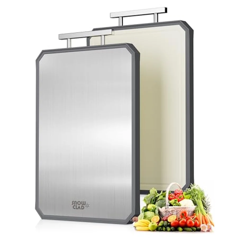 The SNOWCLAD stainless steel board and its wheat-straw reverse, with fresh produce.